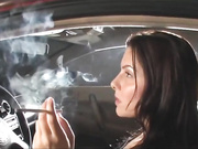 hot brunette smoking in car