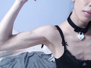 Skinny asian-american girl flexing biceps