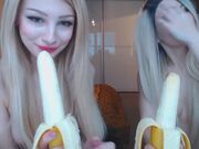 Two beautiful women blowjob to  bananas