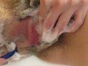 Shaving off my Extreme Hairy Big Clit Pussy Lips in Close up
