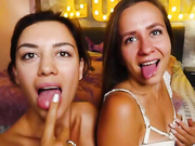 two gorgeous babes share POV cum facial