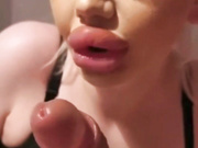 Blonde Bimbo fake lips sucks dick